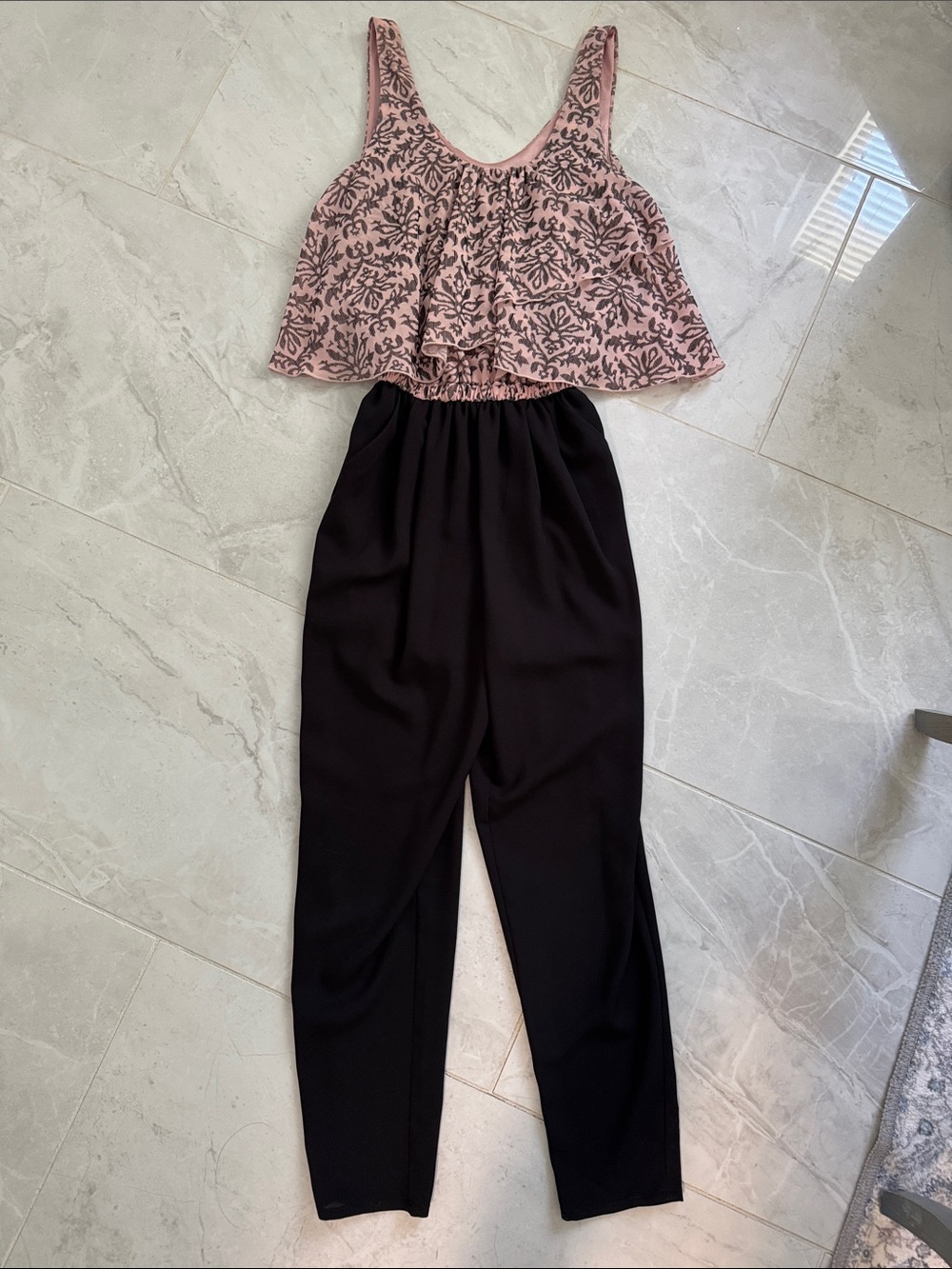 Sleeveless Pink Floral Bodice Black Jumpsuit